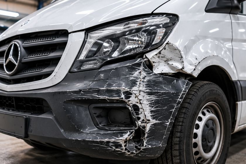 White van with front corner damage