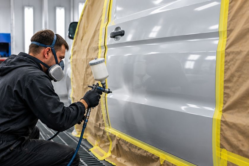 Technician masking and spraying a van panel