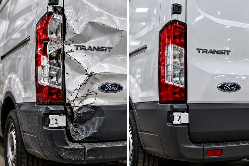 Van rear with collision damage to the tail light and panel